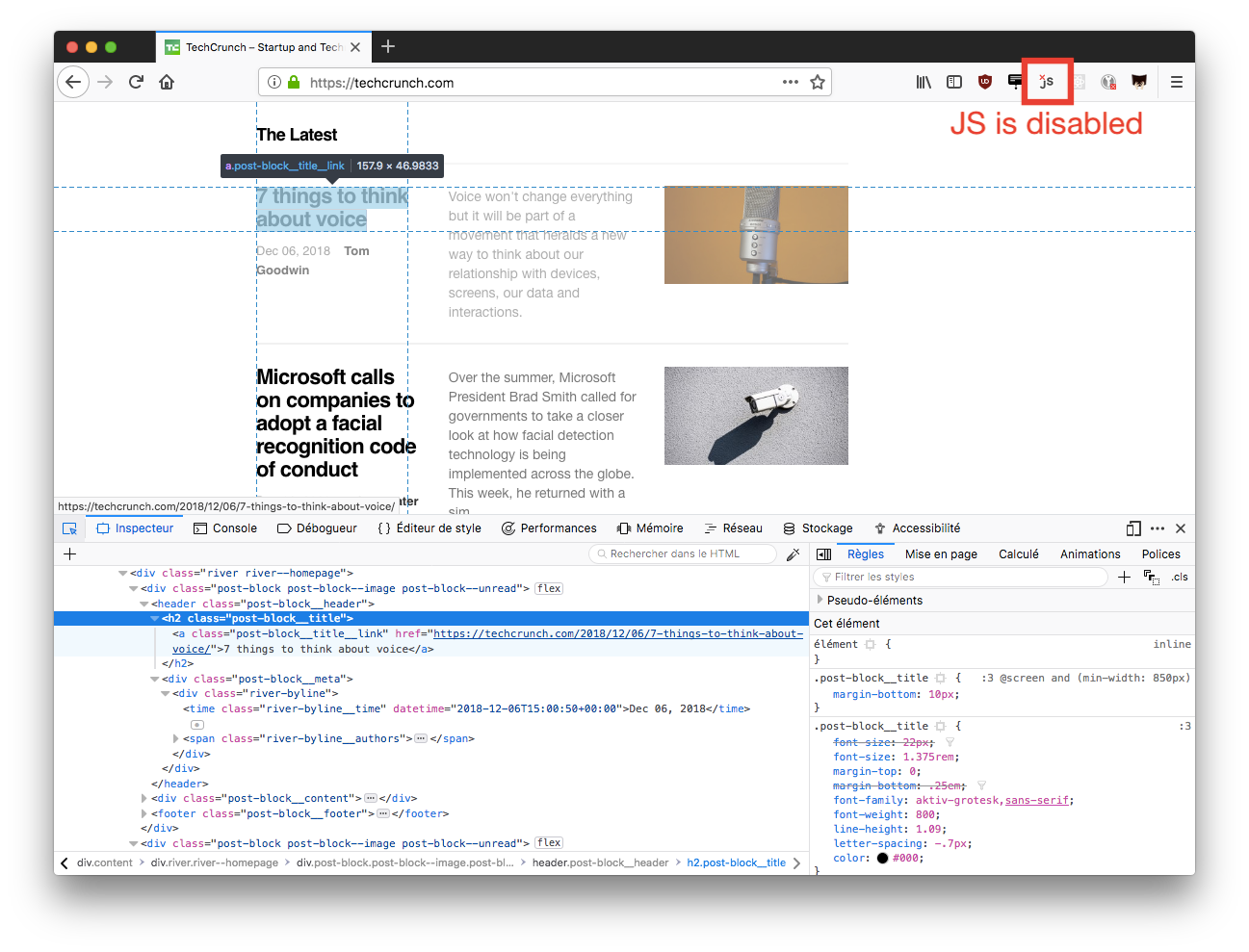 inspection of Techcrunch's DOM in Firefox